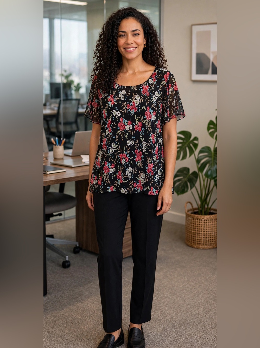 ‼️2/$5 Jaclyn Smith Black Tunic with Pink and White Floral Print